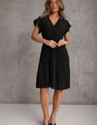  Rochie midi neagră cu croială evazată cu decolteu petrecut și pliuri Axanntia