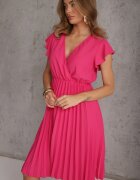  Rochie Midi Roz închis cu Croială Evazată cu Decolteu Petrecut și Pliuri Axanntia
