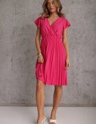  Rochie Midi Roz închis cu Croială Evazată cu Decolteu Petrecut și Pliuri Axanntia