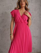  Rochie Midi Roz închis cu Croială Evazată cu Decolteu Petrecut și Pliuri Axanntia