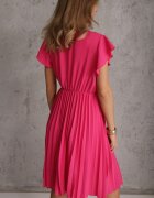  Rochie Midi Roz închis cu Croială Evazată cu Decolteu Petrecut și Pliuri Axanntia
