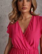  Rochie Midi Roz închis cu Croială Evazată cu Decolteu Petrecut și Pliuri Axanntia