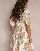  Rochie Mini Albă Florală cu Inserții din dantelă și Mânecă scurtă Palosun