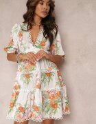  Rochie Mini Albă Florală cu Inserții din dantelă și Mânecă scurtă Palosun