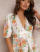  Rochie Mini Albă Florală cu Inserții din dantelă și Mânecă scurtă Palosun