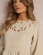  Rochie Mini Bej cu Decolteu Ajurat și Mânecă 3/4 Aphromia