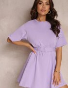  Rochie Mini Evazată Mov din Bumbac cu O Curea Suplimentară Seibeia