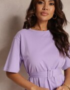  Rochie Mini Evazată Mov din Bumbac cu O Curea Suplimentară Seibeia