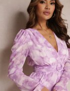  Rochie Mini Fioletă cu Volane și Curea Decorativă cu Cataramă Rotundă Kaylia