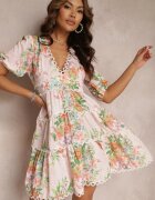  Rochie Mini Roz deschis Florală cu Inserții de Dantelă și Mânecă Scurtă Palosun