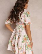  Rochie Mini Roz deschis Florală cu Inserții de Dantelă și Mânecă Scurtă Palosun
