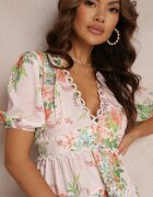  Rochie Mini Roz deschis Florală cu Inserții de Dantelă și Mânecă Scurtă Palosun