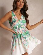  Rochie Mini Verde Florală cu elastic în talie și curea cu cataramă rotundă Helerava