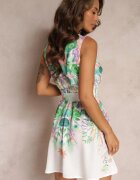  Rochie Mini Verde Florală cu elastic în talie și curea cu cataramă rotundă Helerava