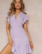  Rochie Mov Cambrată Mini Decorată cu Volane Salleni