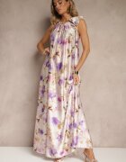  Rochie Mov din Satin cu Model Floral Fenimea