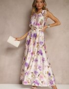  Rochie Mov din Satin cu Model Floral Fenimea
