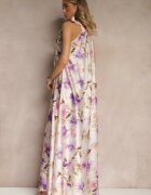  Rochie Mov din Satin cu Model Floral Fenimea
