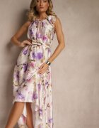  Rochie Mov din Satin cu Model Floral Fenimea