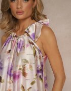  Rochie Mov din Satin cu Model Floral Fenimea