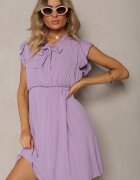  Rochie Mov Evazată cu elastic în talie și legătură la decolteu Naque