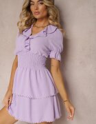  Rochie Mov Evazată cu Elastic în Talie și Volănașe Decorative la Decolteu Arcidia