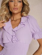  Rochie Mov Evazată cu Elastic în Talie și Volănașe Decorative la Decolteu Arcidia