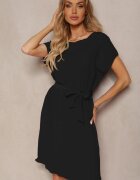  Rochie neagră casuală plisată legată în talie cu cordon Biozetta