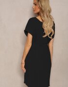  Rochie neagră casuală plisată legată în talie cu cordon Biozetta