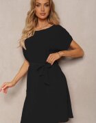  Rochie neagră casuală plisată legată în talie cu cordon Biozetta