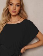  Rochie neagră casuală plisată legată în talie cu cordon Biozetta