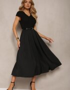  Rochie Neagră cu Croială Cloș cu Mânecă Scurtă și Curea din Piele Ecologică Frinna
