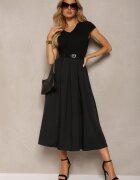  Rochie Neagră cu Croială Cloș cu Mânecă Scurtă și Curea din Piele Ecologică Frinna