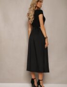  Rochie Neagră cu Croială Cloș cu Mânecă Scurtă și Curea din Piele Ecologică Frinna