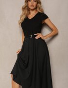 Rochie Neagră cu Croială Cloș cu Mânecă Scurtă și Curea din Piele Ecologică Frinna