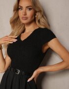  Rochie Neagră cu Croială Cloș cu Mânecă Scurtă și Curea din Piele Ecologică Frinna