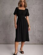  Rochie Neagră de Vâscoză cu croială cloș cu decupaj la spate și legătură Dimiella