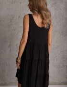  Rochie Neagră din Bumbac cu Croială Evazată Decorată cu Volane Tessah