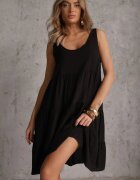 Rochie Neagră din Bumbac cu Croială Evazată Decorată cu Volane Tessah