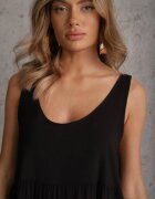  Rochie Neagră din Bumbac cu Croială Evazată Decorată cu Volane Tessah