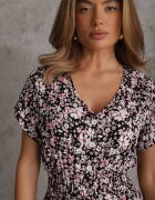  Rochie Neagră Din bumbac cu nasturi la decolteu și cu elastic în talie