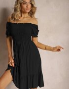  Rochie neagră din bumbac evazată cu volane și top încrețit Ercilla