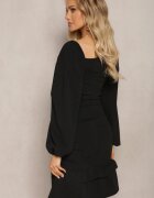  Rochie Neagră Mulată cu Decolteu Pătrat și Volan Arozza