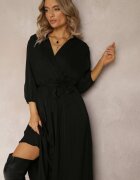  Rochie Neagră Plic cu elastic și curea în talie decorată cu pliuri Kaylina