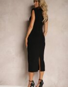  Rochie Neagră Rebrată cu croială ajustată cu șliț Tomeria
