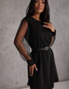  Rochie Neagră Tip Cutie cu Mâneci din Plasă și Curea Elegantă Dannielis
