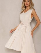  Rochie Plisată Bej Midi cu pliuri la bază și curea în talie Wrensilva