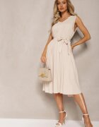  Rochie Plisată Bej Midi cu pliuri la bază și curea în talie Wrensilva
