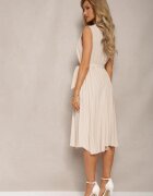  Rochie Plisată Bej Midi cu pliuri la bază și curea în talie Wrensilva