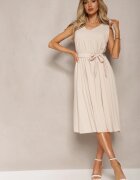  Rochie Plisată Bej Midi cu pliuri la bază și curea în talie Wrensilva